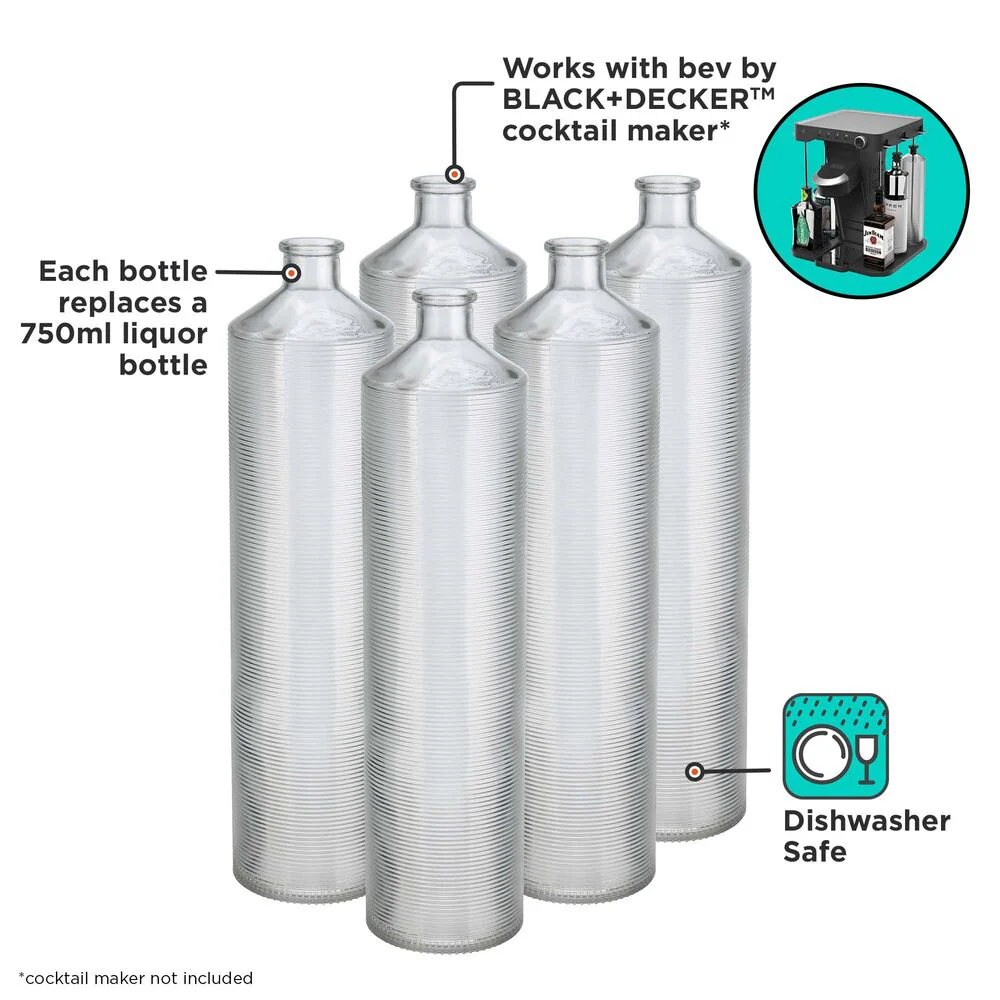 bev by BLACK+DECKER™ Cocktail Maker Glass Liquor Dispenser Bottles, Dishwasher Safe, 5 Pack