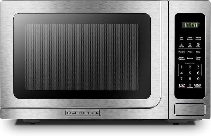 EM036AB14 Digital Microwave Oven with Turntable Push-Button Door, Child Safety Lock, Stainless Steel, 1.4 Cu.ft